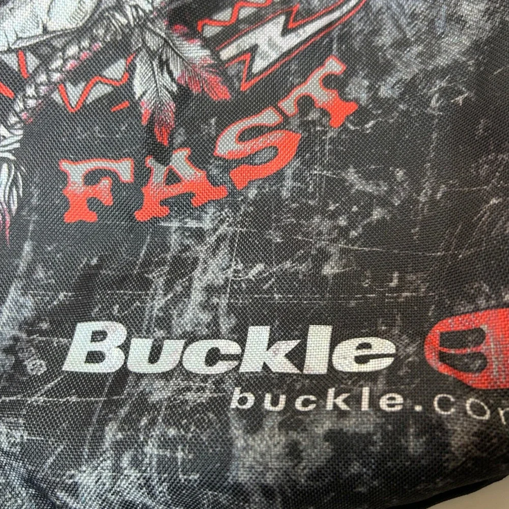 Affliction x Buckle Live Fast Skull Drawstring Backpack Black Red Mohawk Graphic